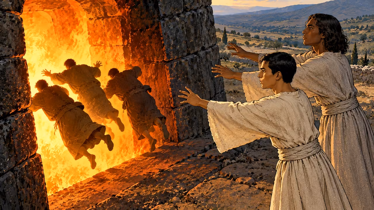 From a side view, two messengers cast clothed adult silhouettes through a blazing stone furnace entrance.
