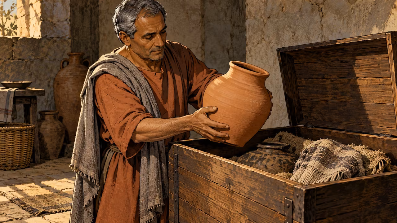 A gray-haired household keeper lifts a new clay vessel from an open wooden chest.