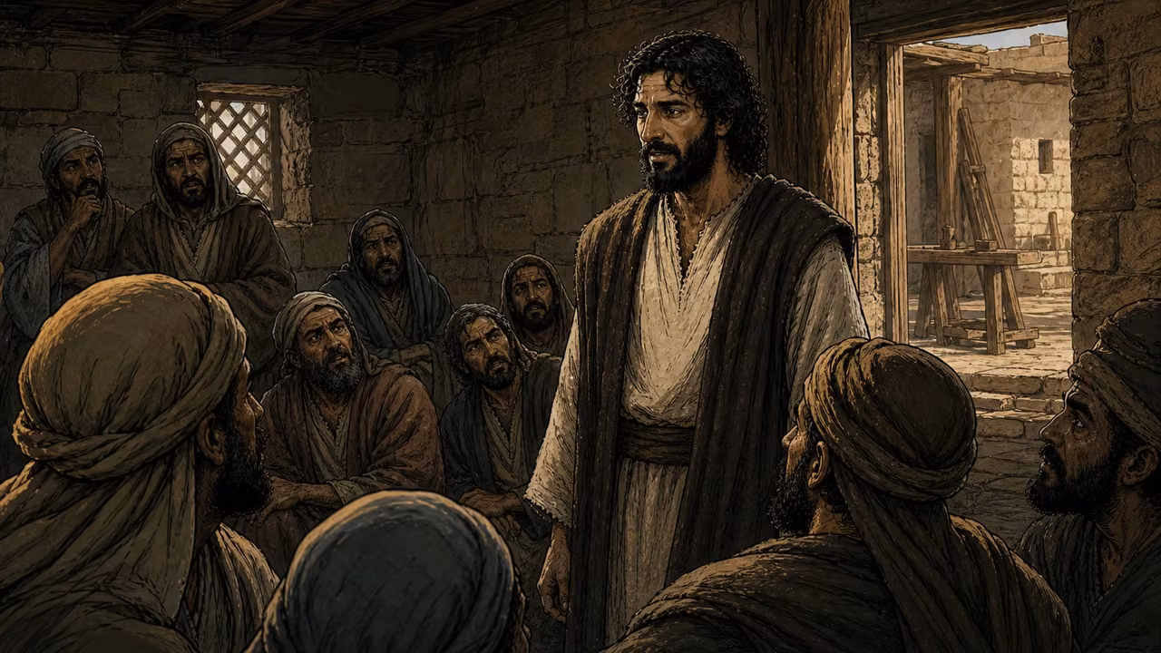 Graphic-novel illustration of the designed Jesus facing astonishment and offense after teaching in a Nazareth synagogue.