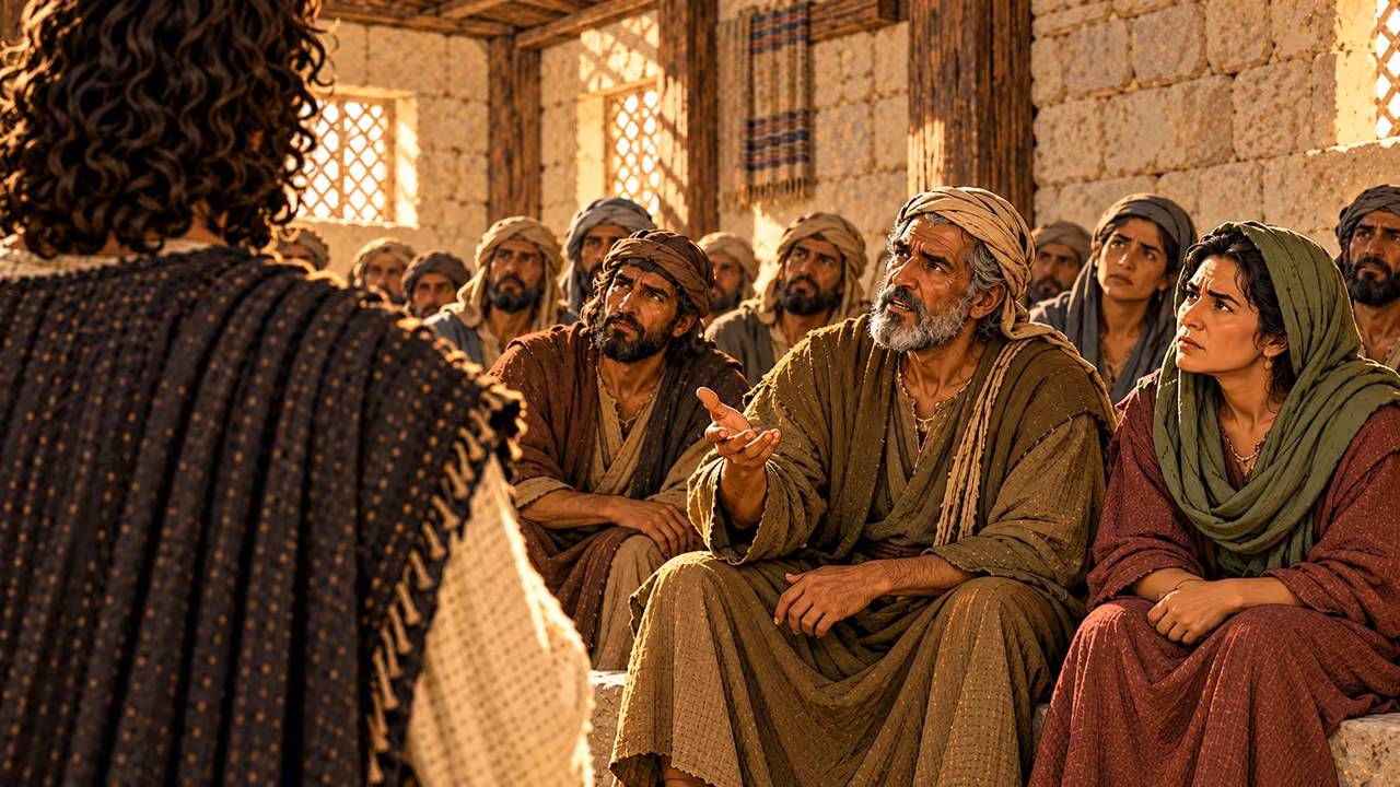 Seen past Jesus’ charcoal-clad shoulder, the elder questions him while the townswoman and other neighbors listen.