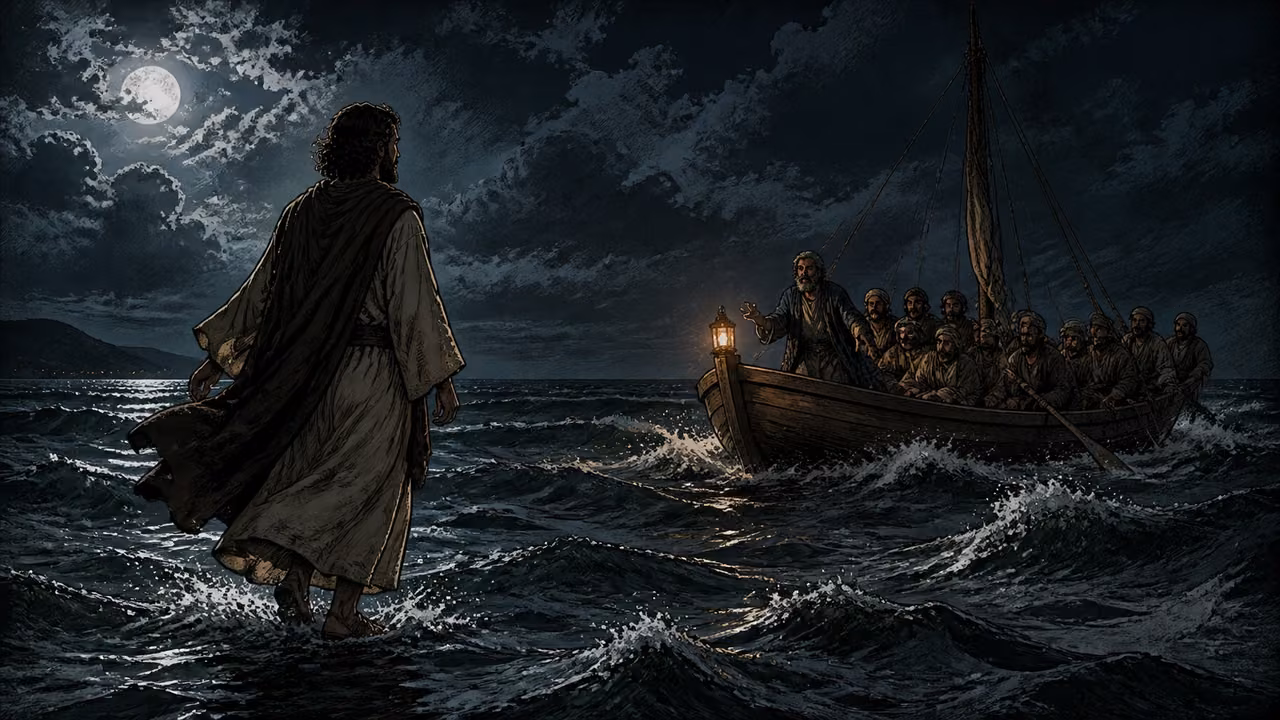 Graphic-novel illustration of Jesus approaching a storm-tossed fishing boat across the Sea of Galilee at night.