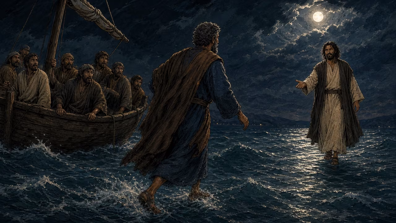 Graphic-novel illustration of Peter stepping from the fishing boat and walking toward Jesus on rough water.