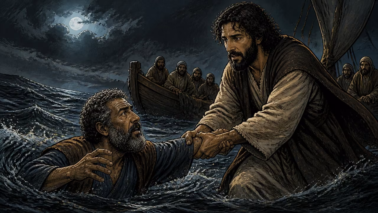 Graphic-novel illustration of Jesus taking hold of Peter as Peter begins to sink in the storm.