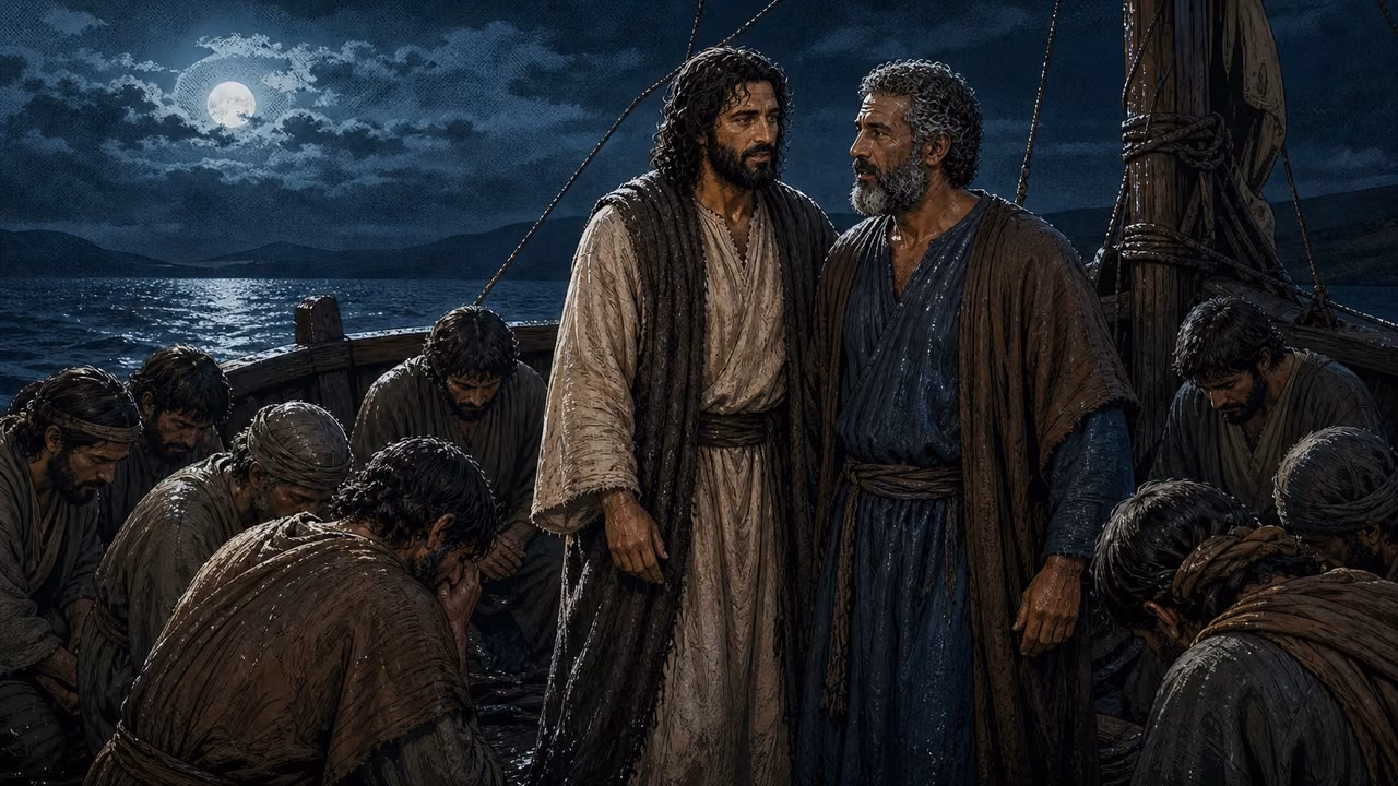 Graphic-novel illustration of Jesus and Peter back in the calm boat as the disciples worship Jesus.