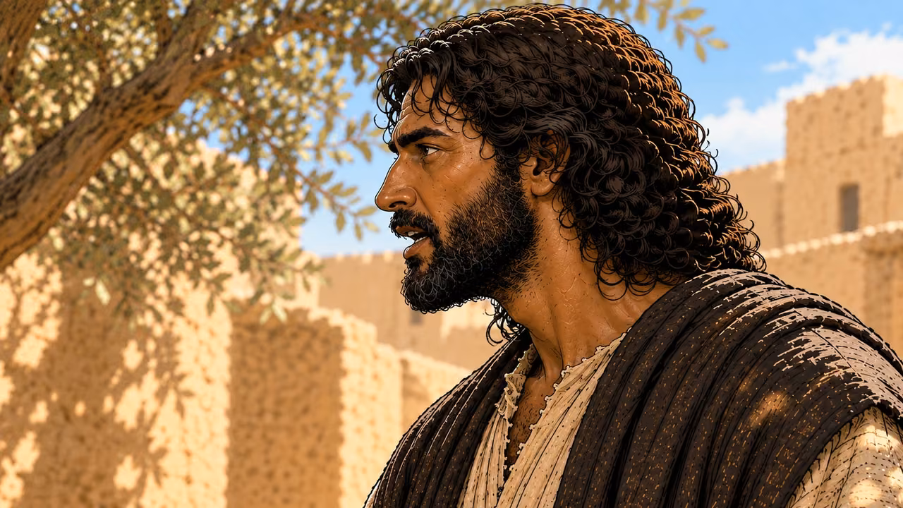 Jesus speaks firmly in profile beneath the courtyard tree as he introduces Isaiah’s words.