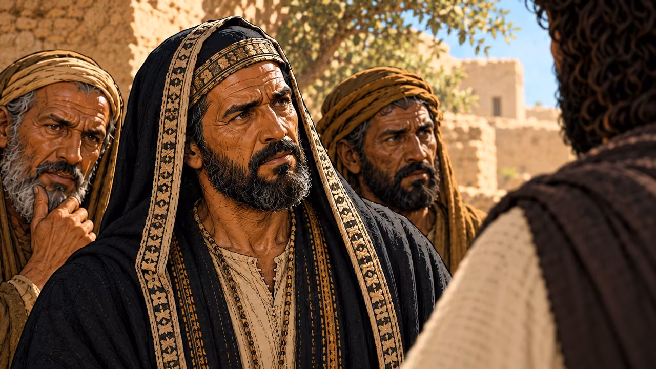 The main questioner listens closely as Jesus speaks about honoring God with lips while the heart remains distant.