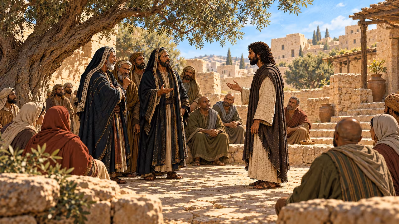 Jesus addresses the visitors beneath the tree while nearby people listen from the courtyard steps.