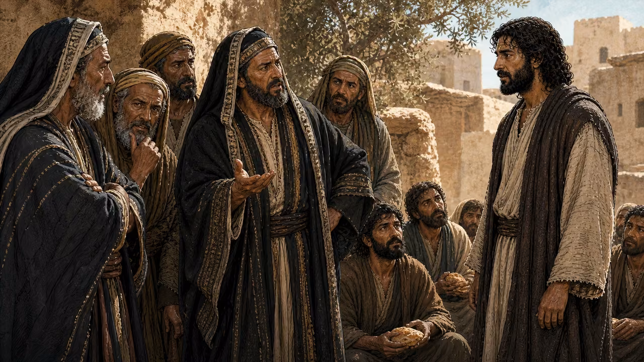 Graphic-novel illustration of the designed Jesus answering Pharisees and scribes while distinct disciples sit nearby with bread.