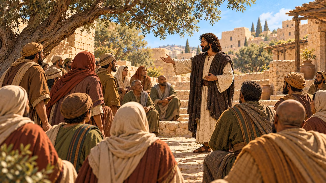 Jesus turns toward the nearby people and calls them to listen beneath the courtyard tree.