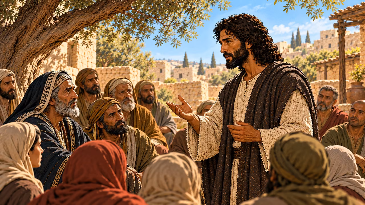 Jesus speaks to the gathered people with an open hand as they listen to his teaching about defilement.