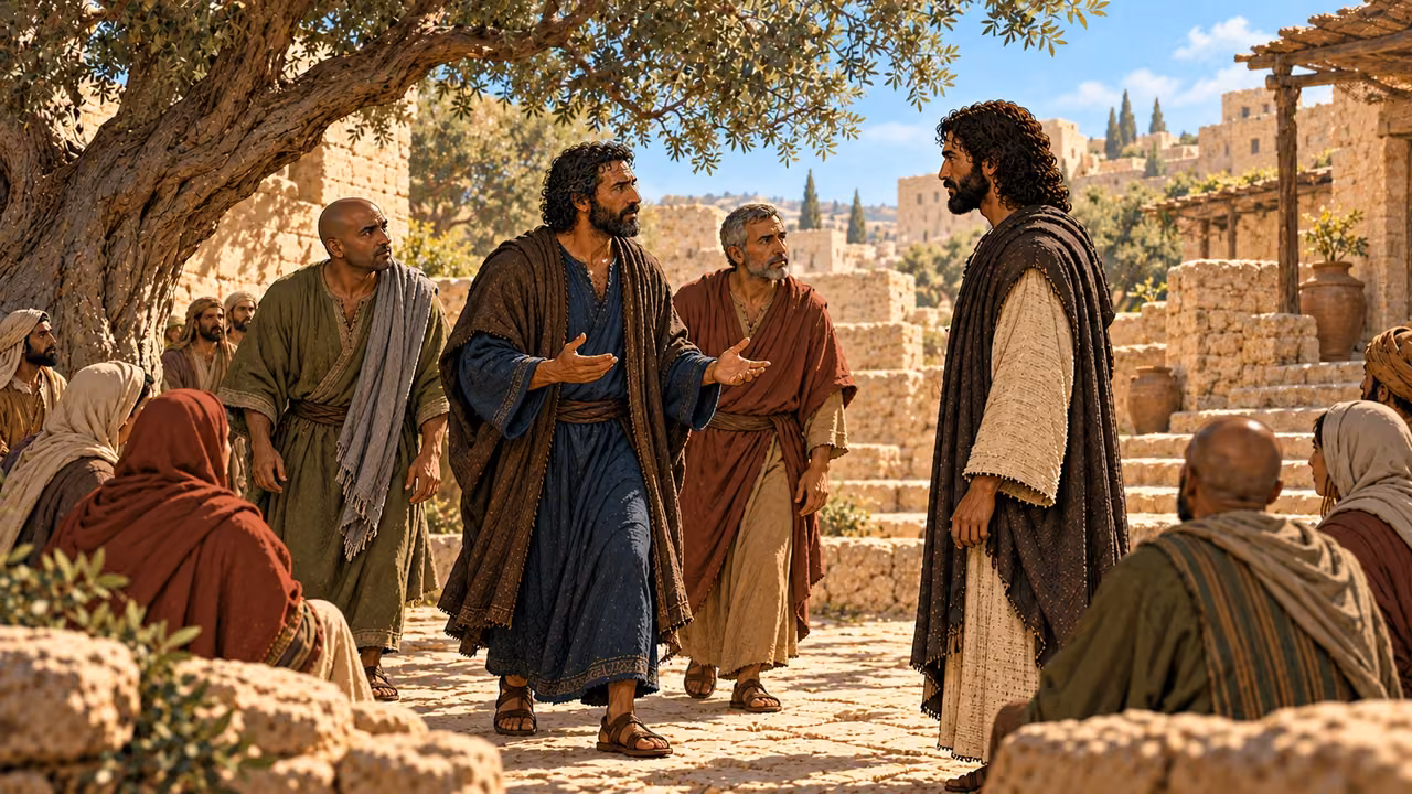 Peter and two disciples approach Jesus across the courtyard after his words to the crowd.