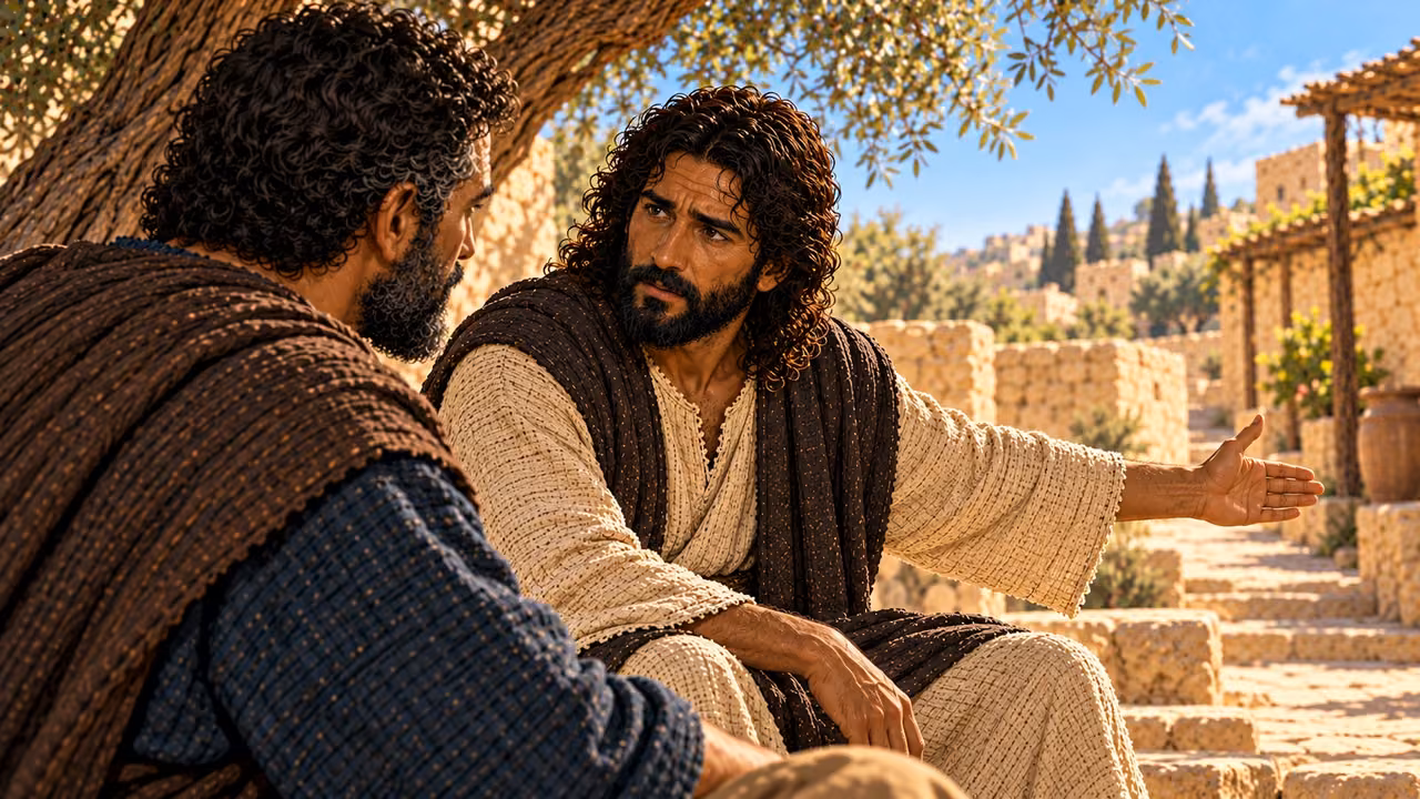 Jesus gestures toward the empty path while speaking to Peter beside him in the courtyard.
