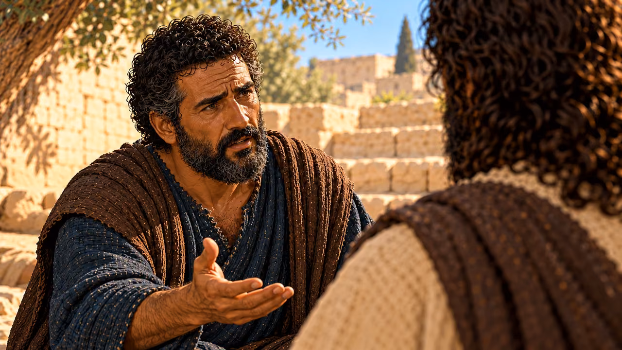 Peter holds out an open hand and asks Jesus to explain the parable.