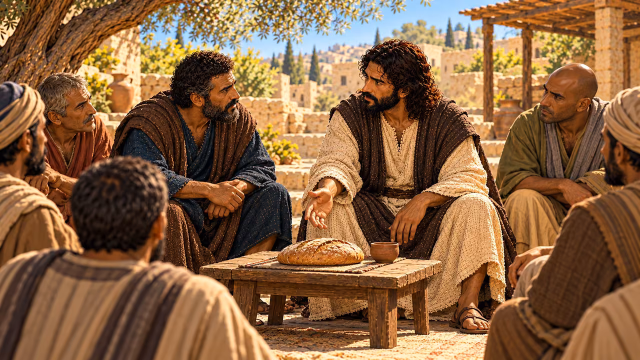 Jesus gestures toward bread on a low table while Peter and the disciples listen to his explanation.