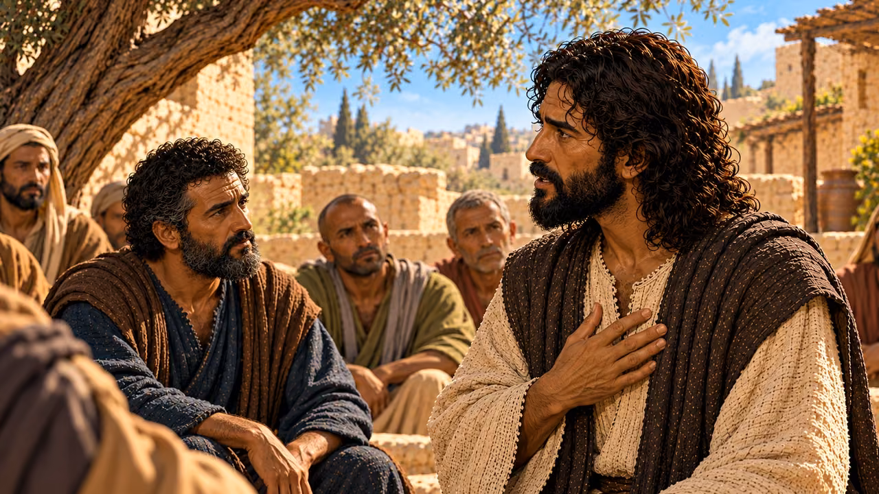 Jesus rests his hand against his chest as he speaks about words coming from the heart.