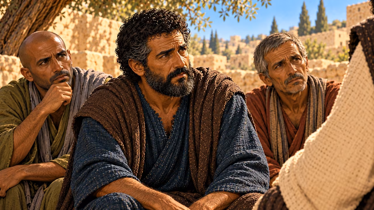 Peter and two disciples listen soberly as Jesus names the evils that come from the heart.