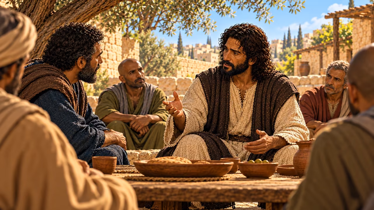 Jesus concludes his teaching beside the bread table as the disciples remain gathered around him.