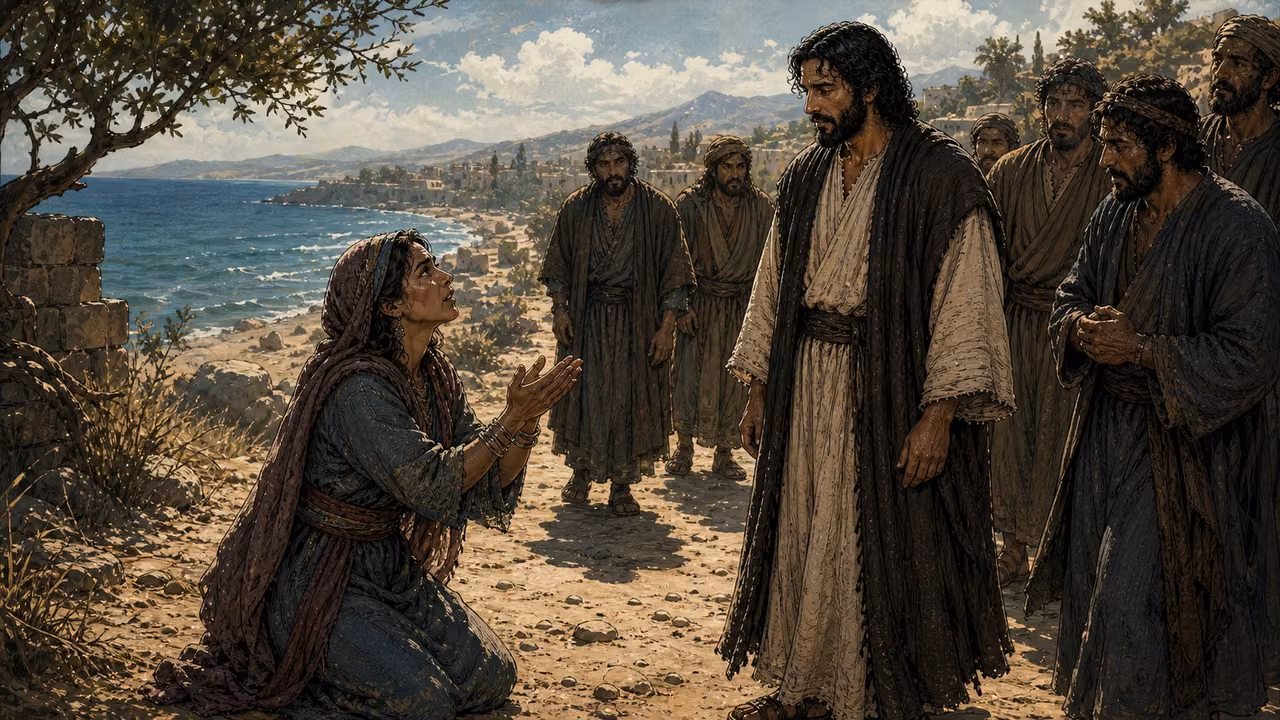 Graphic-novel illustration of a Canaanite woman kneeling in persistent appeal before the designed Jesus as distinct disciples watch.