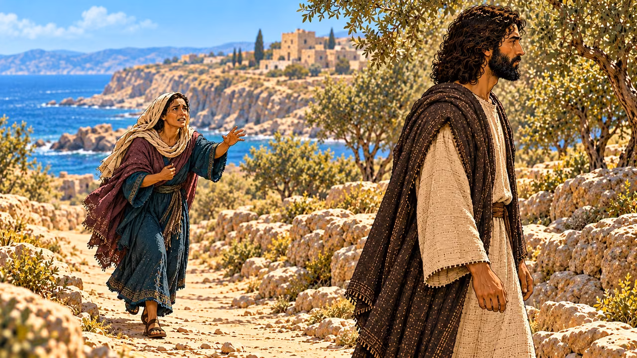 Jesus remains silent while the woman continues calling behind him on the coastal path.