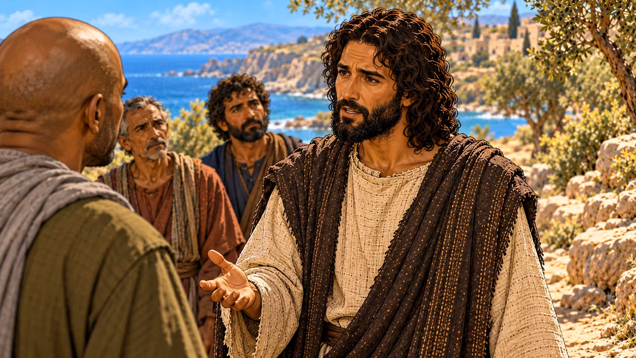 Jesus answers the gathered disciples with an open hand while they listen beside the coastal path.