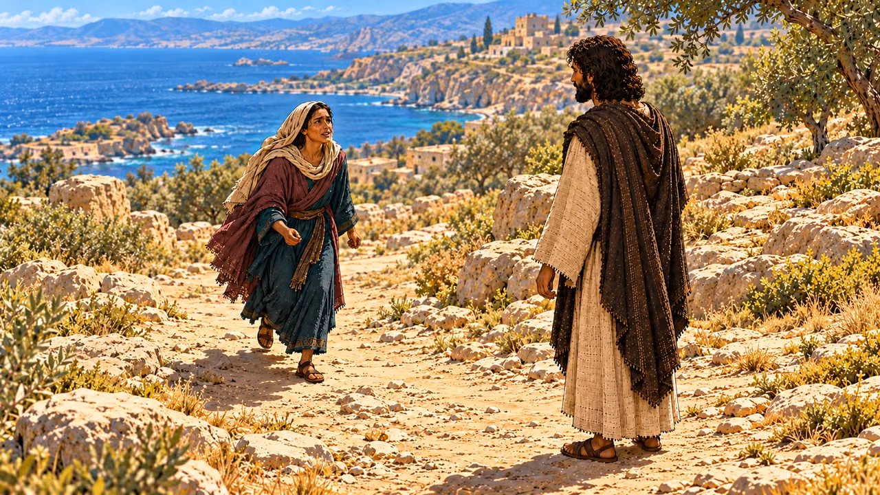 The woman comes closer to Jesus across the open rocky path before kneeling at his feet.