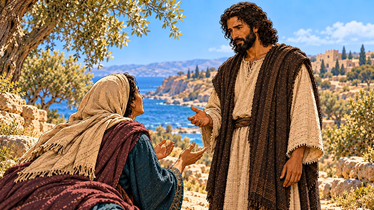 Jesus answers the kneeling woman while she looks up with open hands.