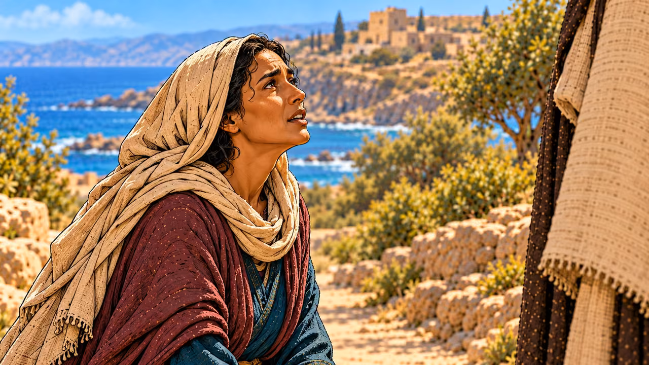 The kneeling woman looks up to Jesus and replies with steady faith.