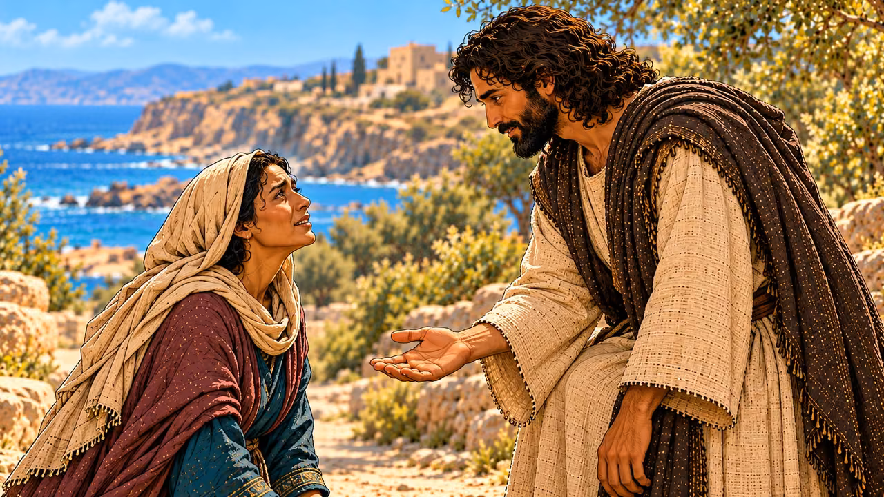 Jesus answers the kneeling woman with warmth as she looks up with renewed hope.