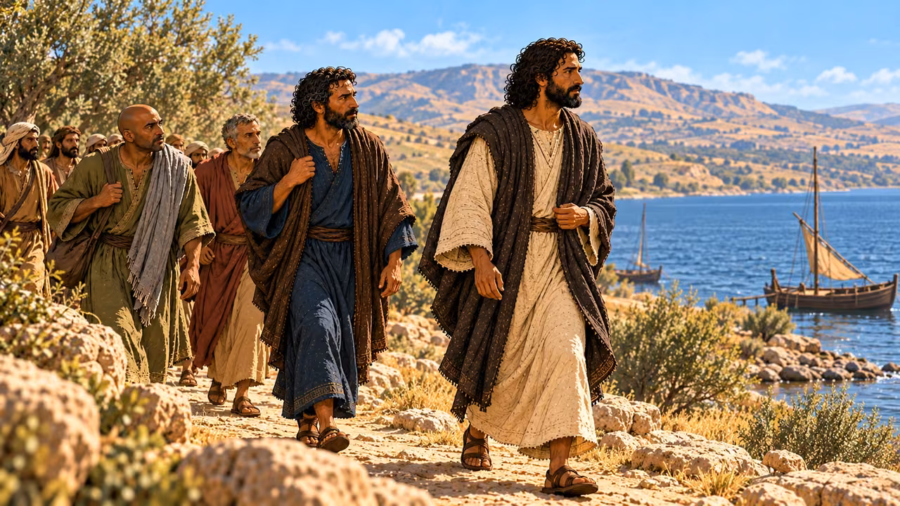 Jesus and his disciples walk beside the Sea of Galilee after leaving the coastal region.