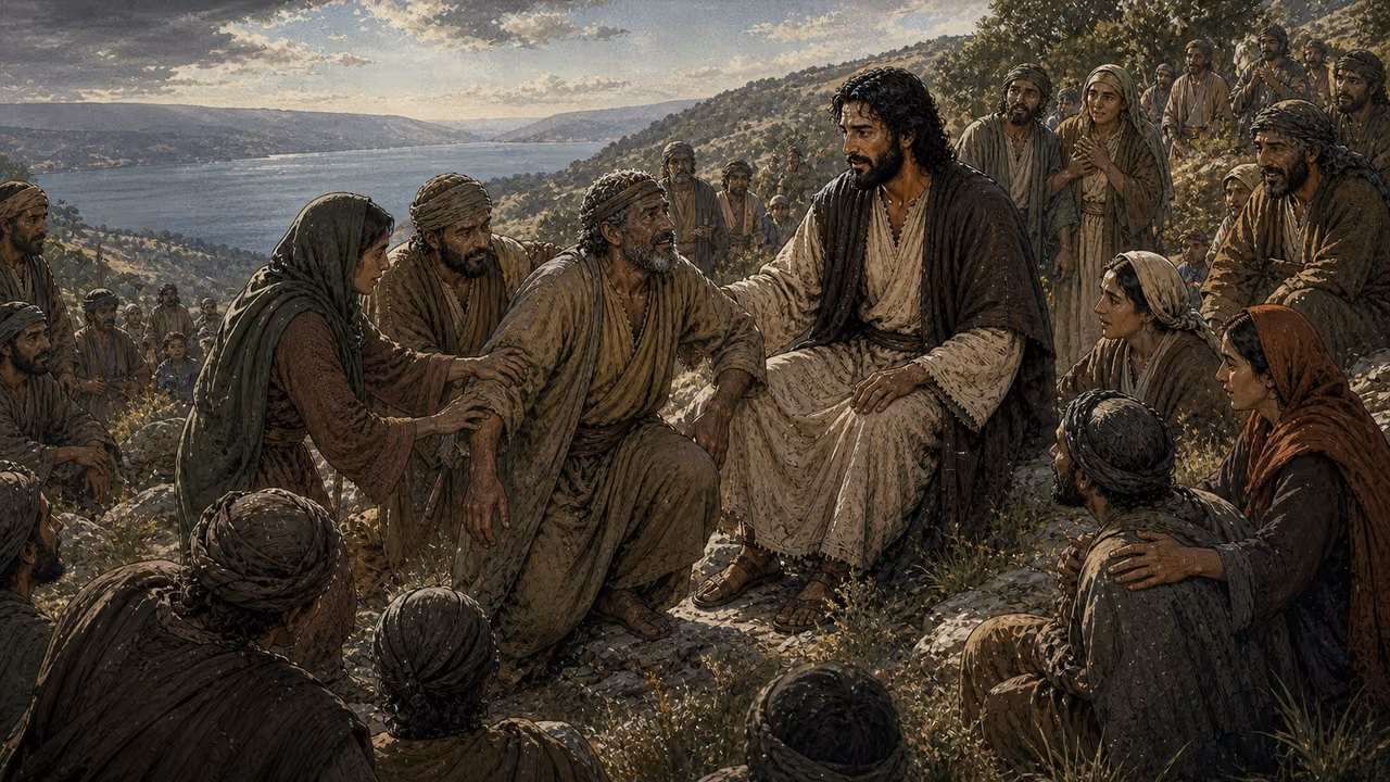 Graphic-novel illustration of the designed Jesus seated on a Galilean mountain slope as a restored man rises with family support among the crowd.
