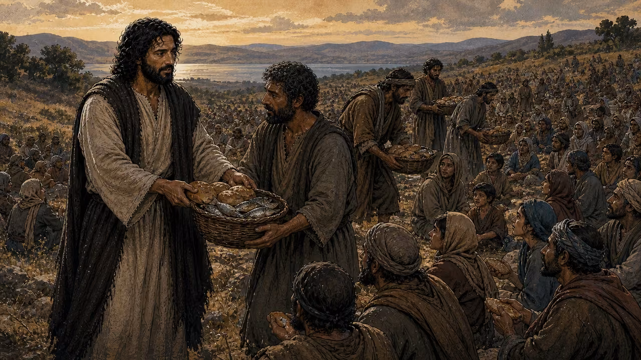 Graphic-novel illustration of the designed Jesus handing bread and fish to disciples who distribute the food across a large seated crowd.