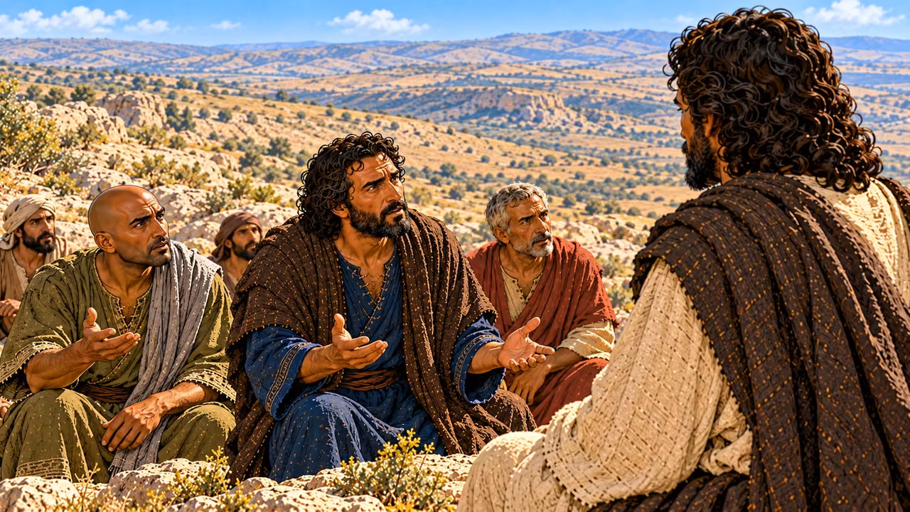 Peter and the disciples ask Jesus where enough bread can be found in the desolate place.