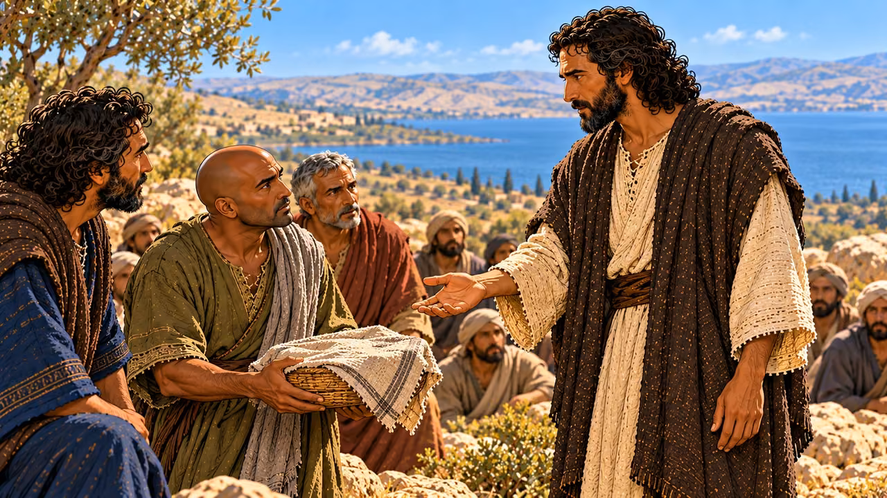 Jesus asks how many loaves they have as a disciple holds the covered basket before him.