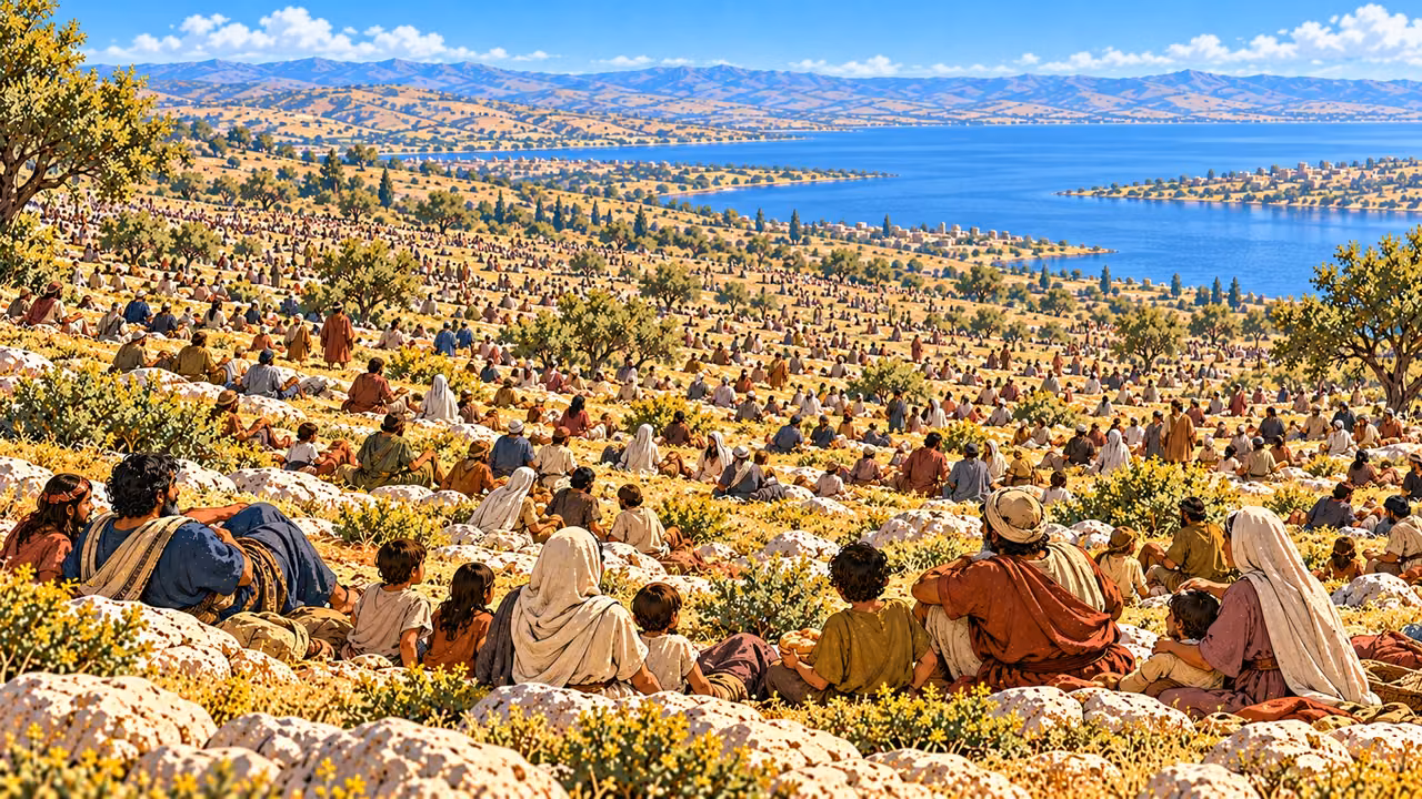 The fed multitude stretches across the mountain slope, with women and children among the many men.