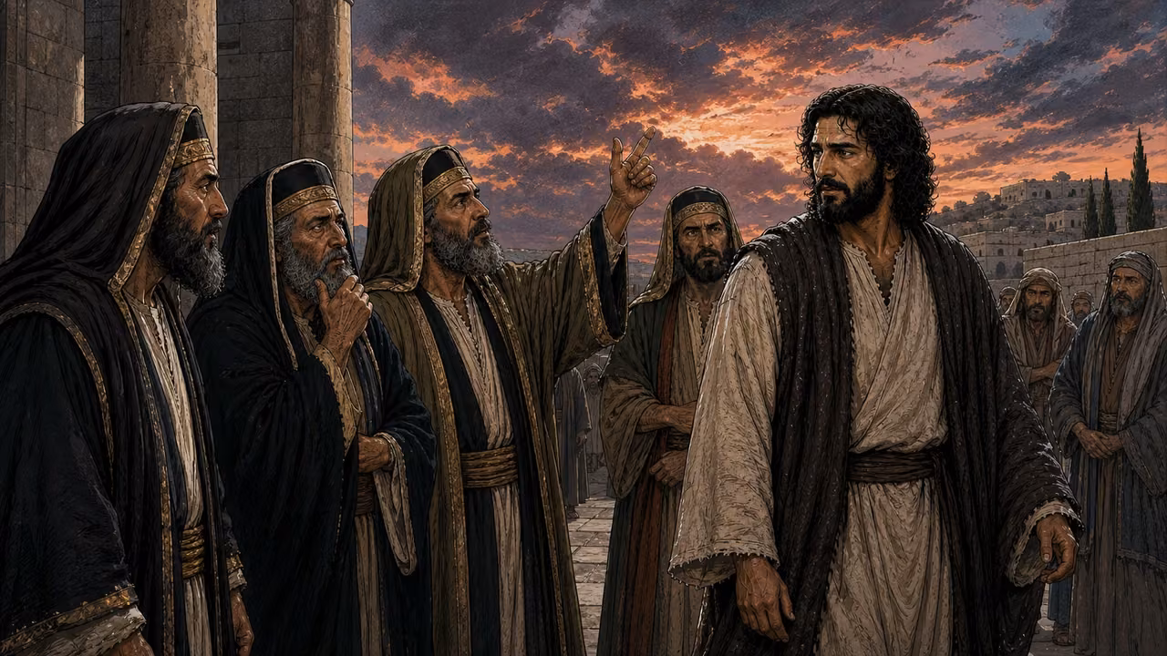 Graphic-novel illustration of the designed Jesus facing Pharisees and Sadducees who point toward the changing sky as they test him.