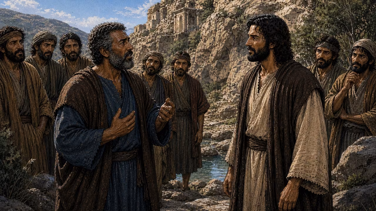 Graphic-novel illustration of the designed Peter stepping forward in conviction before the designed Jesus near the rocky springs of Caesarea Philippi.