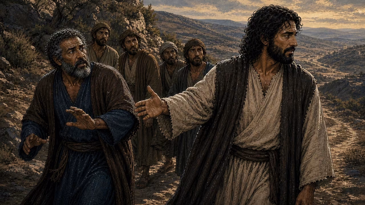 Graphic-novel illustration of the designed Jesus turning resolutely toward the disciples as the designed Peter recoils on a rocky road.
