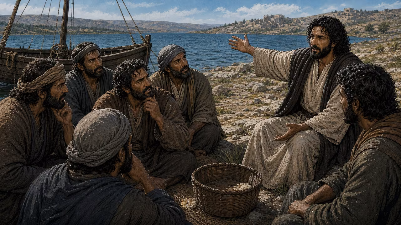 Graphic-novel illustration of the designed Jesus teaching puzzled disciples beside an almost-empty bread basket on the Galilean shore.