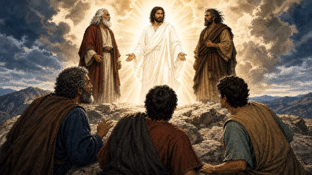 Graphic-novel illustration of the designed Jesus radiant on a mountain between the designed Moses and Elijah while Peter, James, and John bow in awe.