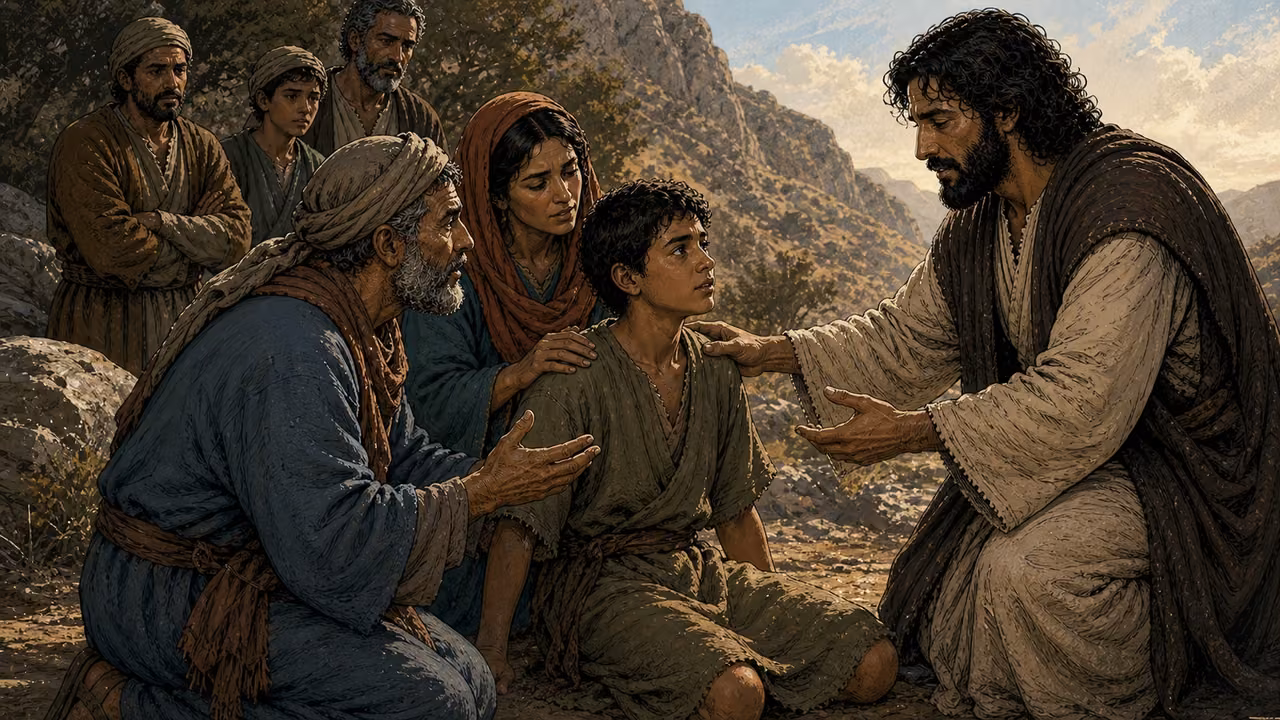 Graphic-novel illustration of the designed Jesus reaching compassionately toward a restored boy supported by his family as the boy’s father kneels nearby.