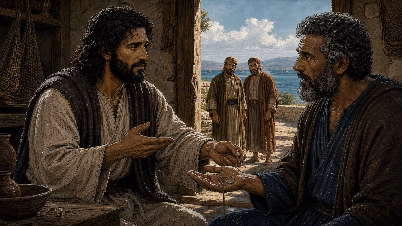 Graphic-novel illustration of the designed Jesus placing a fishing hook and line into the designed Peter’s hand while temple-tax collectors wait outside a Capernaum house.