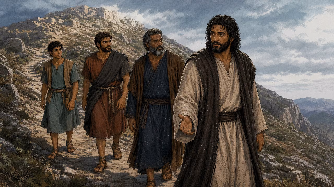 Graphic-novel illustration of the designed Jesus leading the designed Peter, James, and John down a steep mountain path as he instructs them.