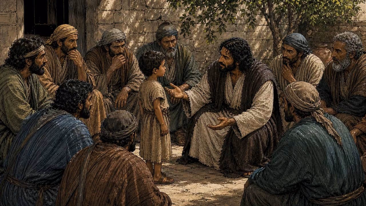 Graphic-novel illustration of the designed Jesus welcoming a child into the center of a reflective circle of disciples.