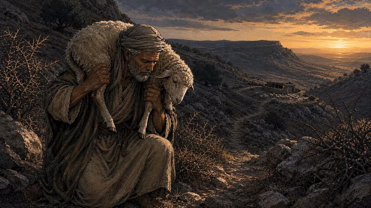 Graphic-novel illustration of an older shepherd carrying a recovered sheep across a rocky hillside toward a distant flock at dusk.
