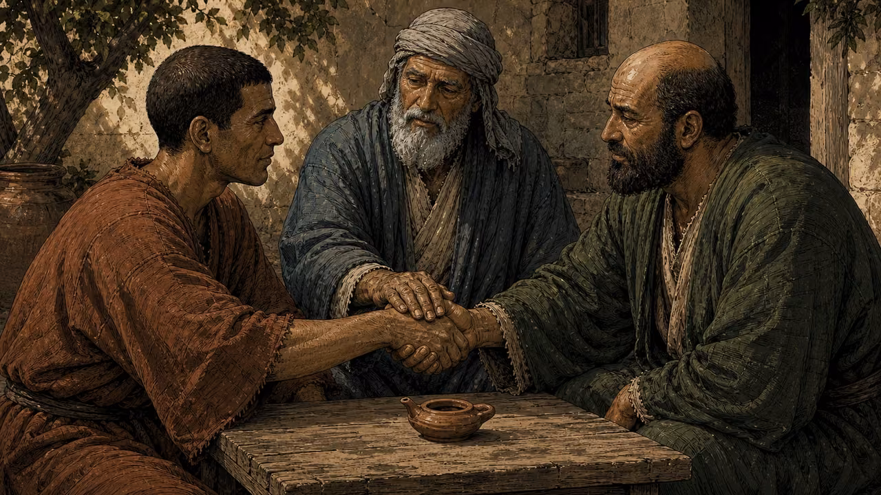 Graphic-novel illustration of two visibly distinct men reconciling across a low table while an older witness rests his hand over theirs.