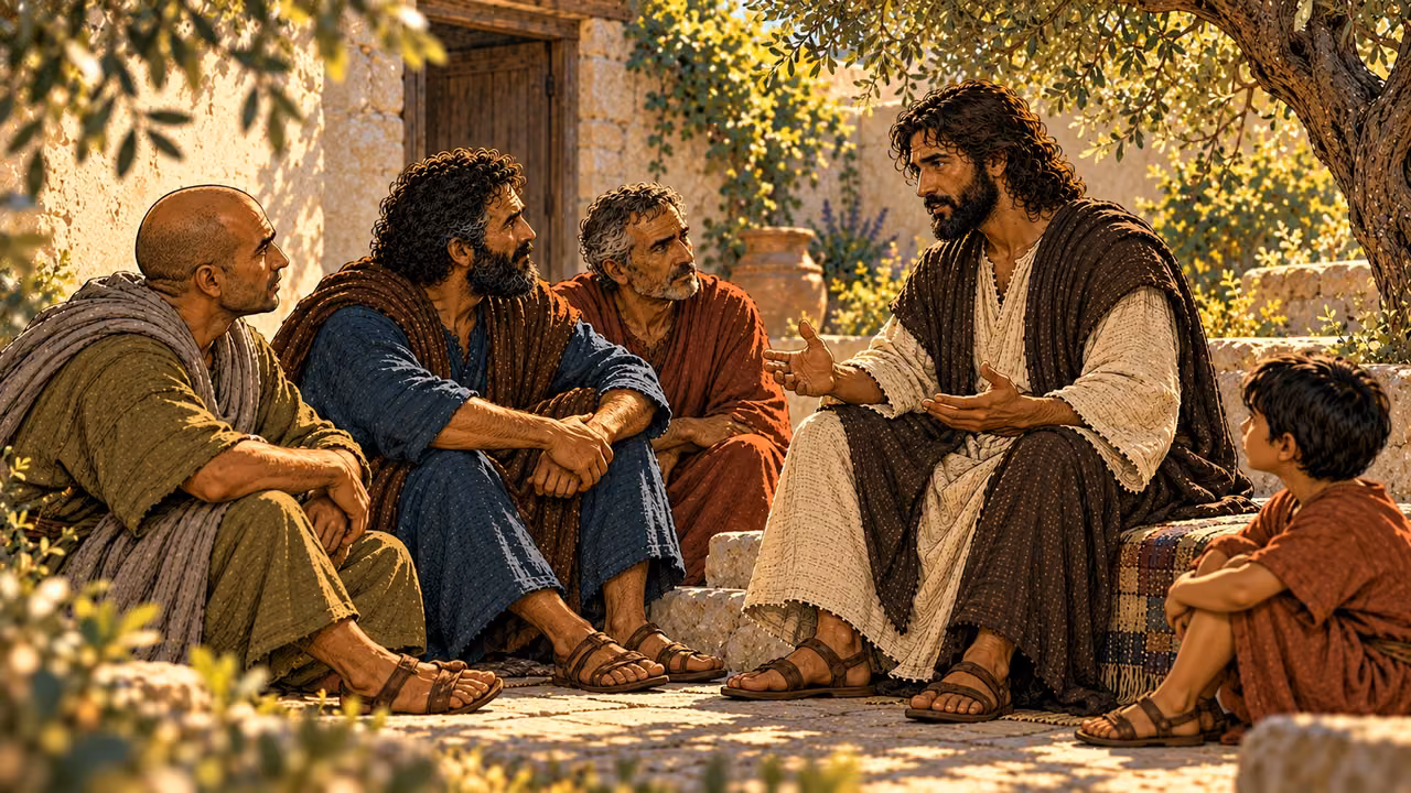 Jesus sits among three attentive disciples in the courtyard, with the child nearby.