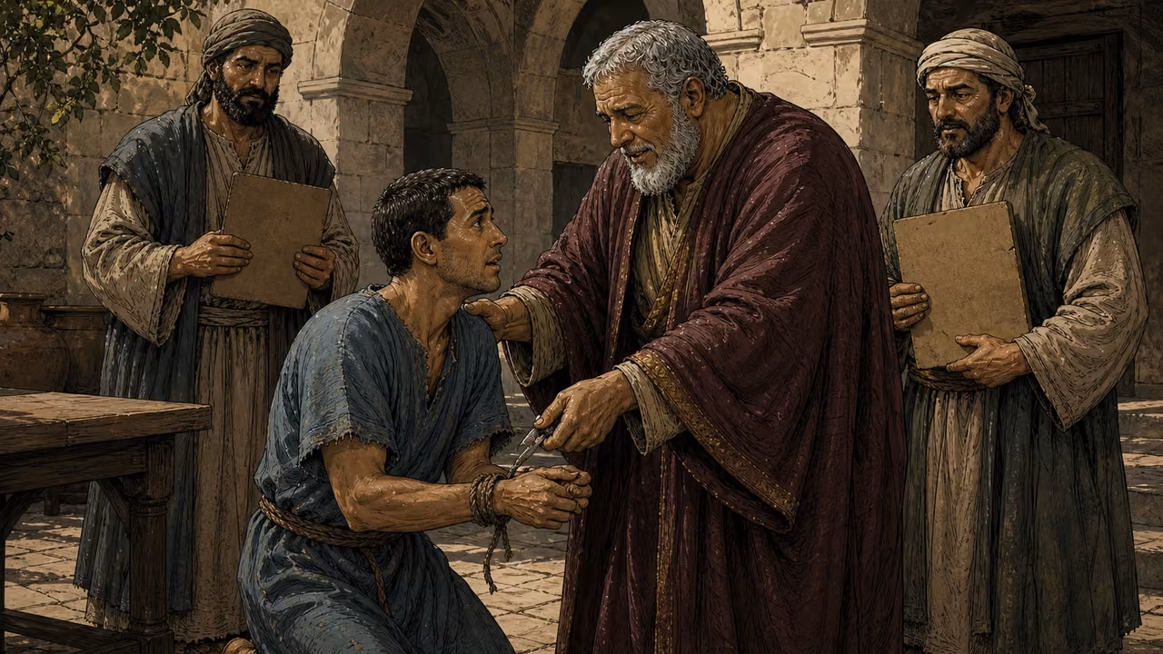 Graphic-novel illustration of an older master cutting a custody cord from a short-haired servant’s wrists as two stewards lower their account tablets.