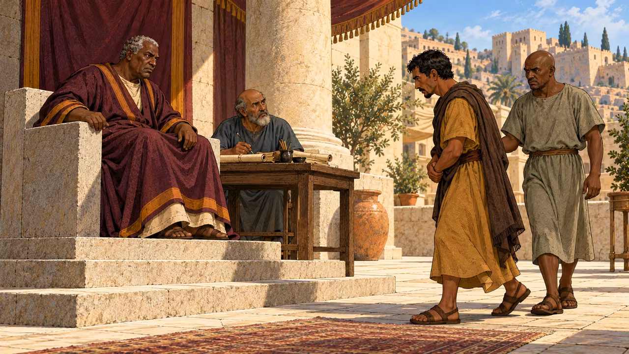 An escort brings a debtor before the king while an older clerk waits at the accounting table.
