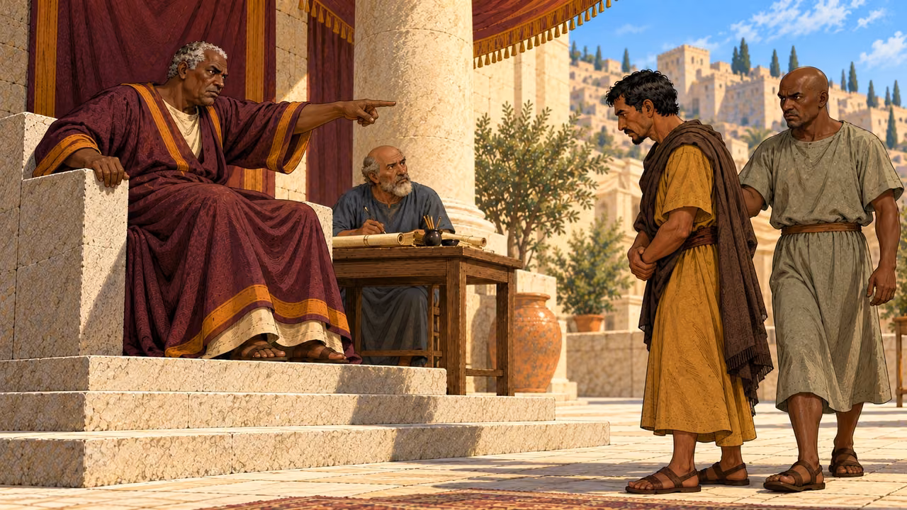 The king gives an order while the debtor stands before him beside an escort.