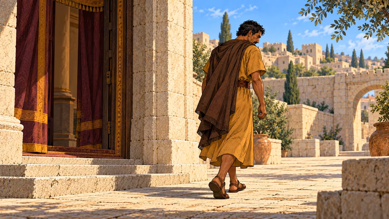 The freed servant leaves the royal doorway and walks into the outer courtyard.
